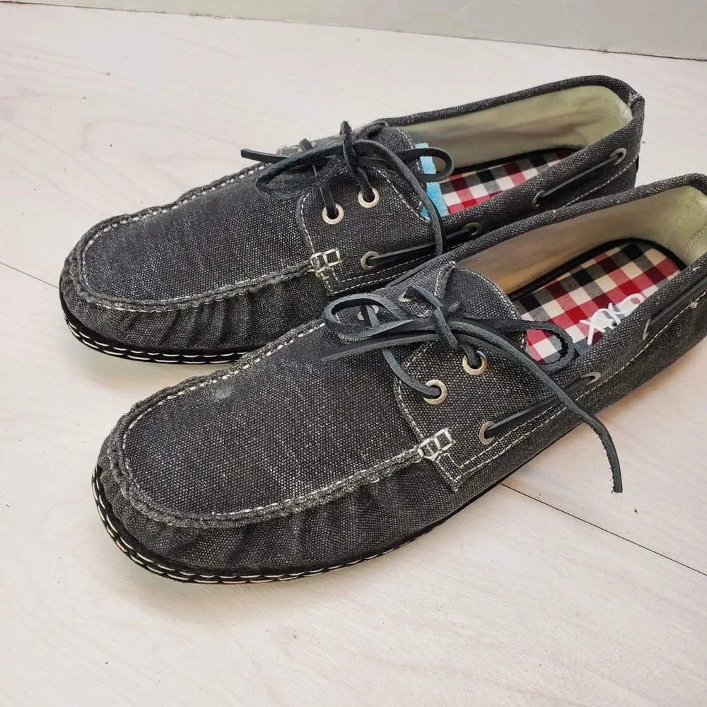 GBX Mens Boat Shoes Charcoal Denim‎ Canvas Plaid Lining Moc Toe 13M Street-Savvy